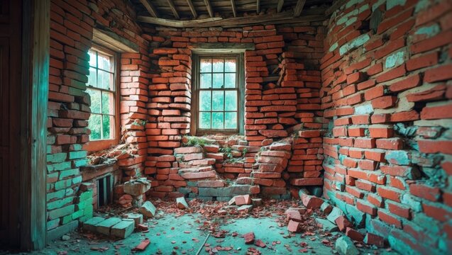 Decaying brick wall in an abandoned village home showcasing rustic architecture and history through weathered textures and broken structure.