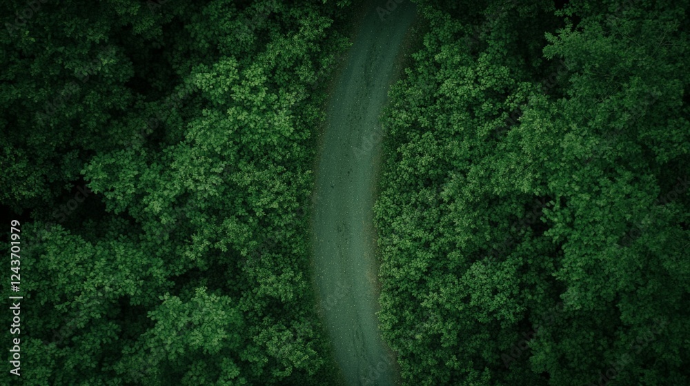 Aufkleber Aerial view of a narrow path winding through a dense forest, creating a striking contrast between the gray of the path and the vibrant green of the surrounding trees