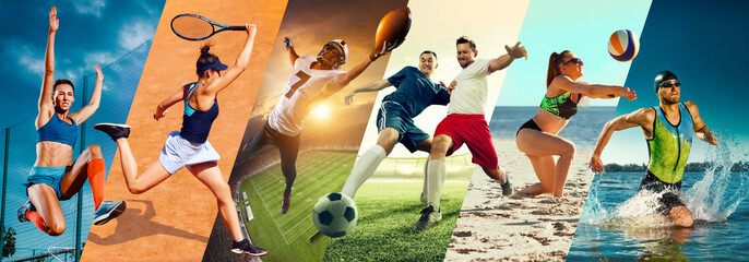 Beach and court sports. Tennis, football, American football, volleyball, and swimming athletes...
