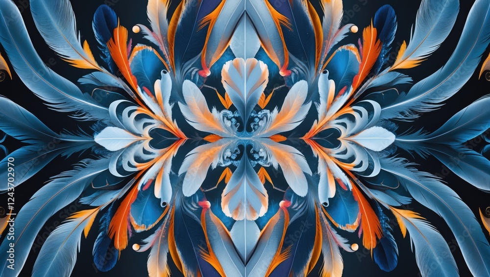 Poster symmetrical abstract pattern with colorful bird feathers forming a vibrant decorative background in 