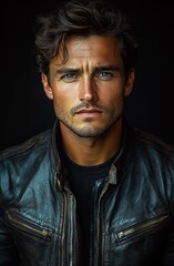 Obraz premium Dramatic portrait of a young man in leather jacket chiaroscuro lighting intense mysterious atmosphere