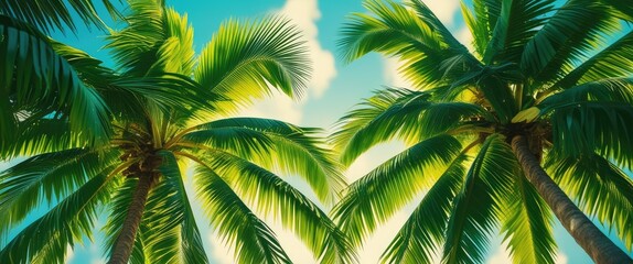 Obraz premium Lush green palm fronds intertwined with a soft blurred sky creating a serene tropical atmosphere and vibrant texture for backgrounds.