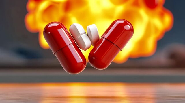 Two pills colliding in mid-air, creating a disruptive explosion, concept of drug interactions.