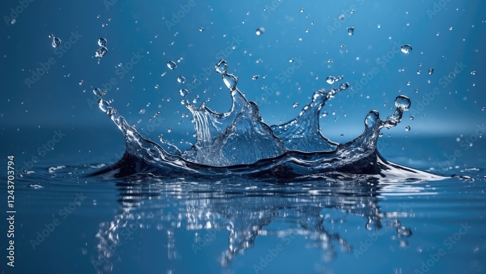 Poster water splash with reflection creating dynamic patterns on vibrant blue background showcasing fluid m