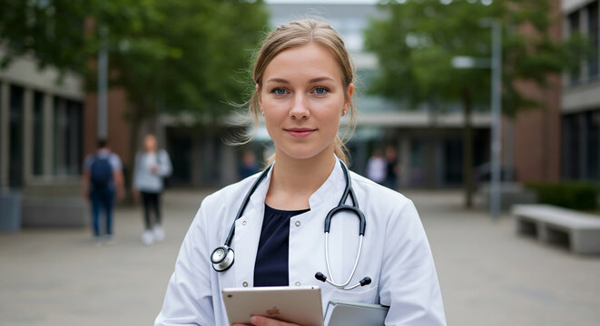 A Norwegian female medical student standing confidently in an outdoor University Campus
