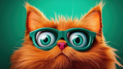 Fototapeta premium A fluffy orange cat wearing green glasses, looking curiously at the camera against a teal background.