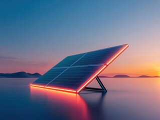 Minimalist sunbeam reflecting off a single solar panel in a futuristic setting