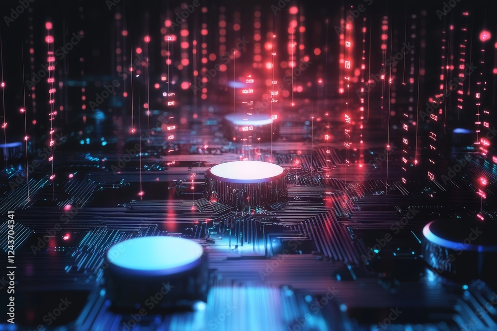 Poster explore a vibrant digital landscape ideal for showcasing advanced technologies, intricate neural net