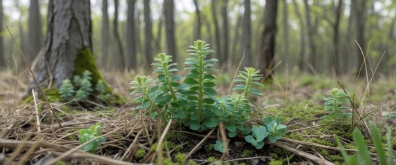 Obraz premium Ajuga Ciliata Plant Growing In Lush Forest Floor Surrounded By Dry And Green Grass With Space For Text In Spring Season