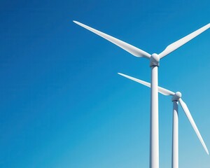 Simple wind farm composition with perfectly aligned turbines under a clear sky