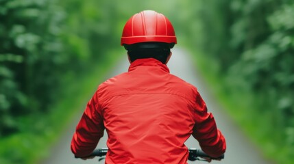 Obraz premium A delivery cyclist in a red jacket and helmet riding their bicycle along a scenic trail through a lush green urban park on a bright sunny day