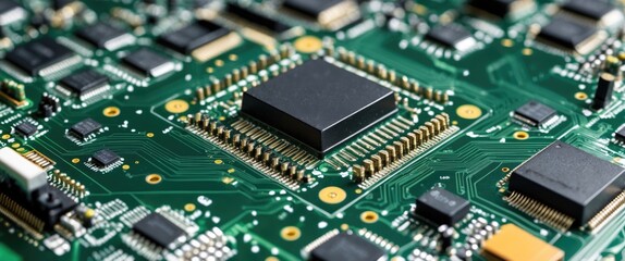 Obraz premium Detailed close-up of a complex green computer circuit board showcasing intricate electronic components and connections emphasizing technology and design.