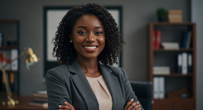 A african american female lawyer, exuding confidence and warmth, standing in a modern office environment.