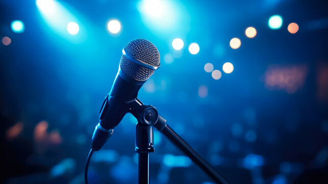 Professional microphone on a concert stage before the performance with blue lightning. Public speaking courses, stand-up, comedy show, stage fright. Festival, jazz club, concert or podcast background