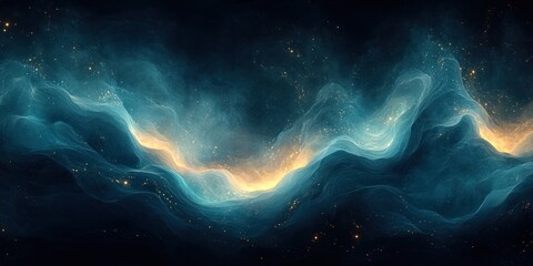 Abstract Technology Background Wave Pattern with Dot Particles and Binary Code Texture in Blue Green Light on Black for Digital Science and Innovation