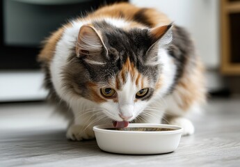 A Cute Calico Cat Eating from a Small White Bowl on a Modern Kitchen Floor with Soft Lighting and Minimalistic Decor