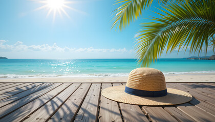 Obraz premium Close-up Straw Hat Blue Ribbon Wooden Deck Summer Background Tropical Beach Ocean View Sunny Day