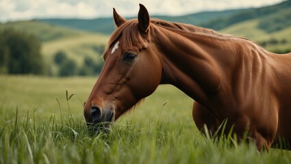 Obraz premium Brown Horse Grazing in Lush Green Pasture Under a Scenic Sky in a Peaceful Countryside Setting