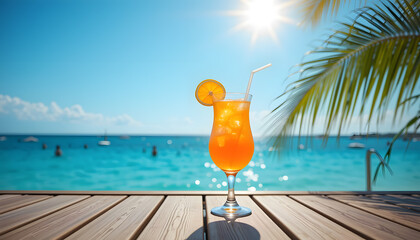 Orange Cocktail Drink Straw Hat Wooden Dock Turquoise Swimming Pool Summer Vacation Relaxation
