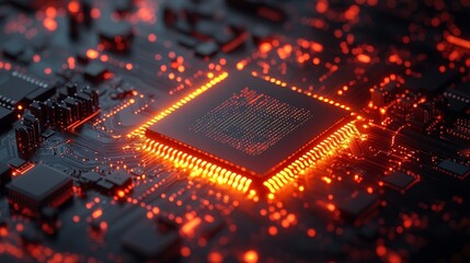 A futuristic digital circuit board with glowing lines and microchips, representing technological advancement and innovation. Perfect for tech-related content, cybersecurity, and AI themes.