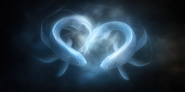 Five patronus style fish swim together in a figure eight with atmospheric glow