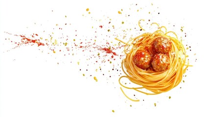 A creative depiction of spaghetti and meatballs with colorful splashes.