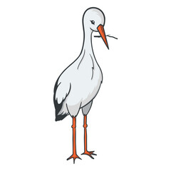 Stork with a twig in its beak. Color vector illustration isolated on white background. Editable image for children's book, sticker, poster