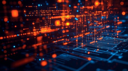Fototapeta premium A futuristic digital circuit board with glowing lines and microchips, representing technological advancement and innovation. Perfect for tech-related content, cybersecurity, and AI themes.