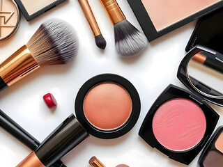 Cosmetic makeup set with brushes, lipstick, eyeshadow, blush, and powder for a glamorous beauty routine