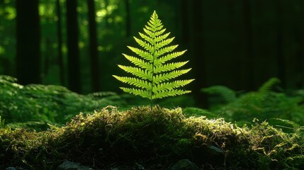 Illuminated Fern Frond Growing Amongst Forest Moss