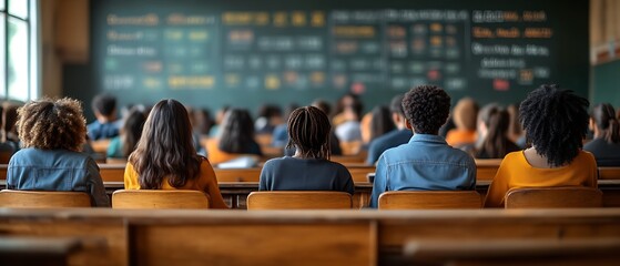 Students seated in lecture hall facing blackboard.