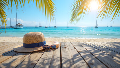 Obraz premium Straw Hat Sunglasses Wooden Deck Tropical Beach Ocean View Sailboats Summer Vacation