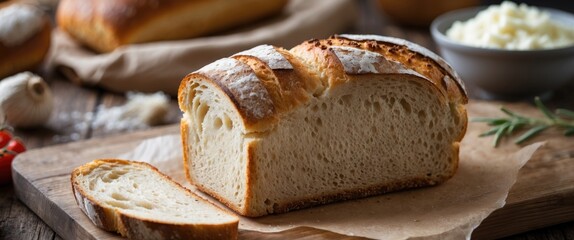 Sliced artisanal bread on a wooden cutting board with butter and herbs in a cozy kitchen setting
