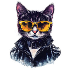 Cool Cat in Sunglasses & Leather Jacket, Isolated Background