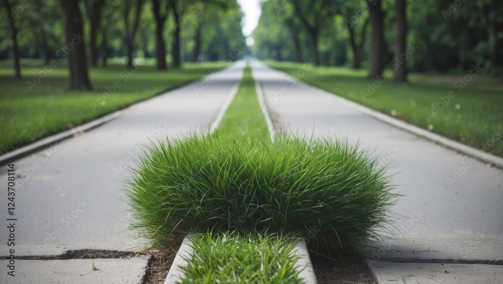 Wall mural green grass bunch between concrete pathways in a park surrounded by lush trees creating a serene nat