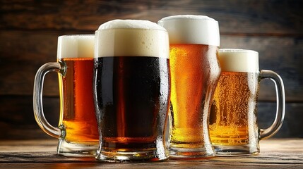 Four Glasses of Beer on a Wooden Surface, Creating a Cozy and Rustic Atmosphere, Ideal for a Relaxing Evening
