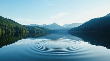 Obraz premium Anxiety Management and mindfulness. Serene lake surrounded by mountains and clear sky, with ripples in the water.