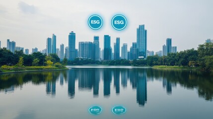 ESG sustainability and risk concept, A serene cityscape reflecting on water, highlighting sustainable development themes with "ESG" symbols in the foreground.