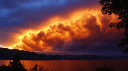 Fototapeta premium Fiery Sunset over the Lake with Dramatic Cloudscape