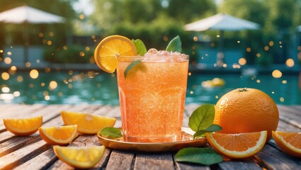 Refreshing orange sparkling water drink with fresh oranges and mint against a sunny poolside backdrop ideal for summer promotions and advertisements.