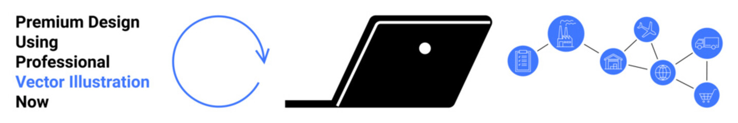 Circular arrow indicating process, laptop as a digital tool, and data nodes connected in a network. Ideal for concepts thumbs up productivity, teamwork, innovation, business strategy, data flow