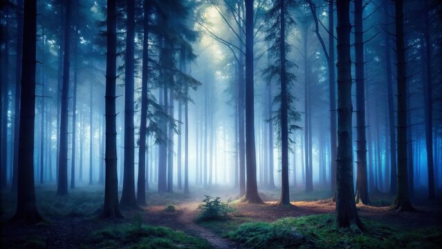 A dimly lit forest with tall trees and foggy atmosphere, creating an eerie ambiance at night , woods, darkness,  woods