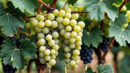 White grapes growing on lush vines surrounded by grape leaves in a picturesque vineyard showcasing diverse grape varieties.