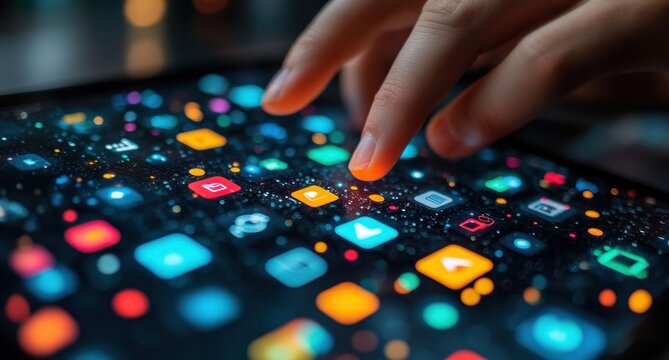 Close Up Hand Tapping Digital Tablet Marketing Tool for Promotion and Traffic Analysis in Online Advertising