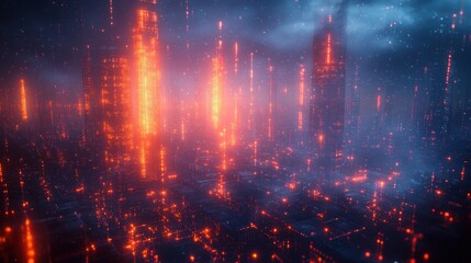 Futuristic Glowing Network of Connected Lines and Nodes in Cyberpunk Style