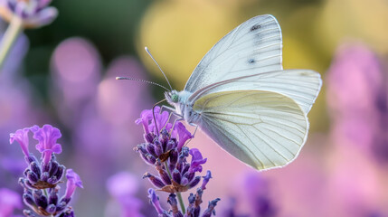 Naklejka premium Close up of butterfly resting on lavender blooms in vibrant garden setting