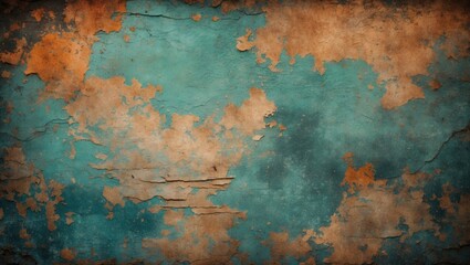 Vintage grunge wall texture with peeling paint in teal and rust colors ideal for backgrounds or design projects showcasing weathered surfaces