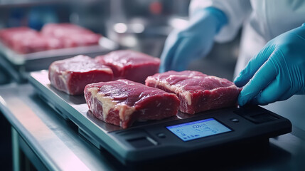 Precision weighing of fresh meat by worker using digital scale in food processing