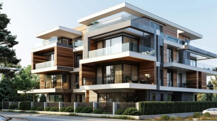 Fototapeta premium Contemporary apartment exterior with glass balconies and modern design. stock photo --ar 16:9 --style raw --v 6 Job ID: 46b7a82a-5473-439f-9541-2d70e38abc35