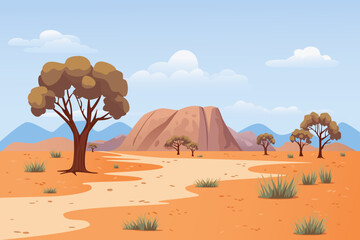 Australian desert natural landscape with beautiful mountains, trees and plants. Desert landscape with trees and mountains. Dry climate.